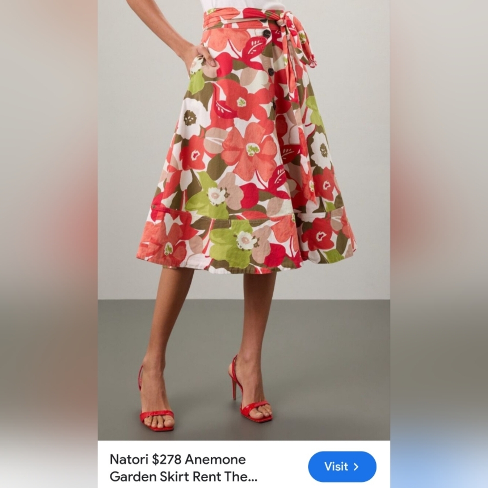 Natori Floral Anemone Skirt - Red and Green A-line Skirt Medium